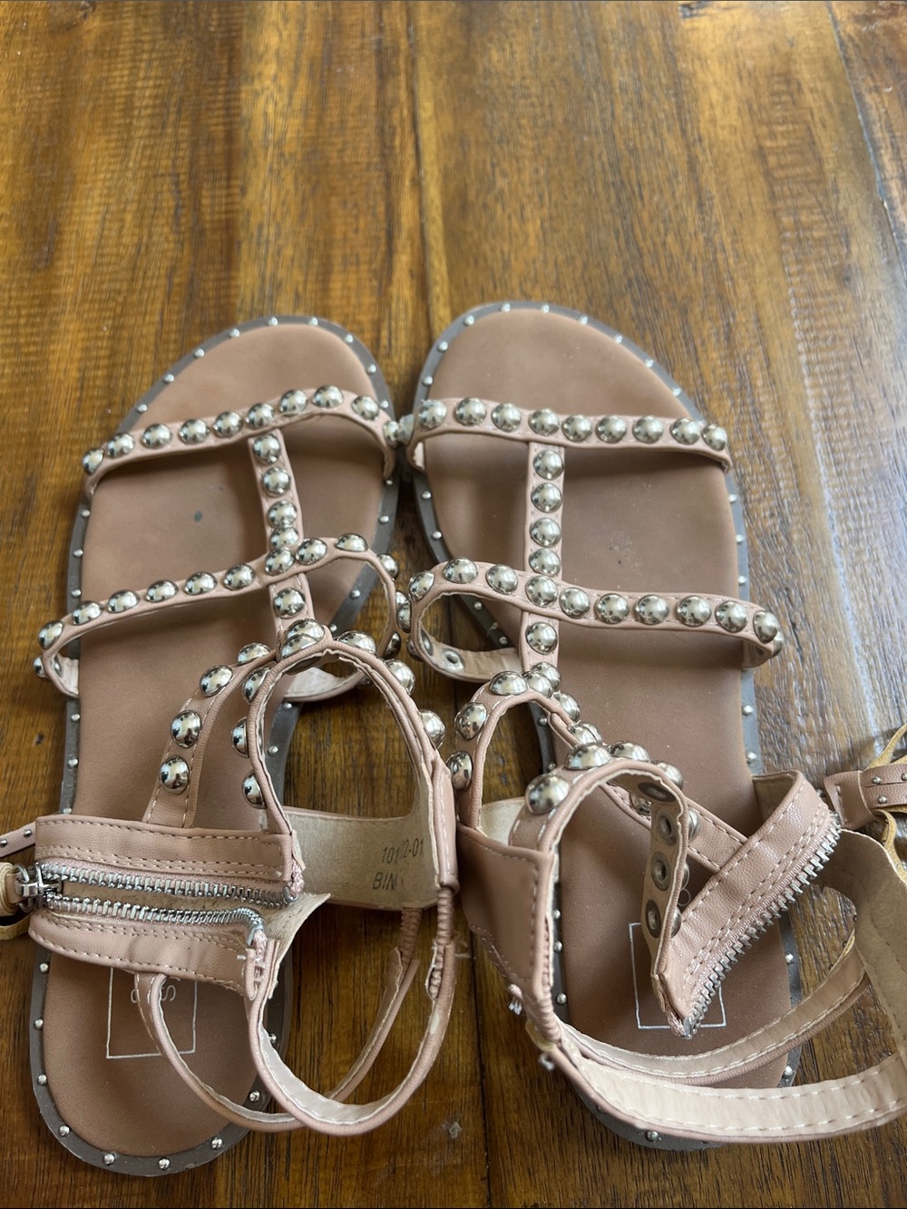 ShuShop Nude Studded T-Strap Sandals with Ankle Zip